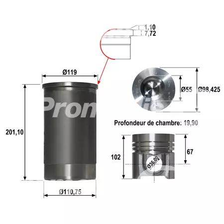 Chemise/piston adaptable d. 98.425 mm