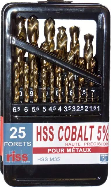 Coffret 25 forets métaux et inox HSS cobalt 5% - queue cylindrique