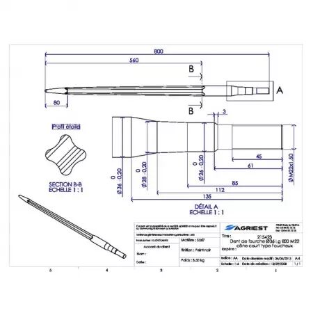 Dent de fourche ø36 lg 800 m22x1.5 collet carré type faucheux