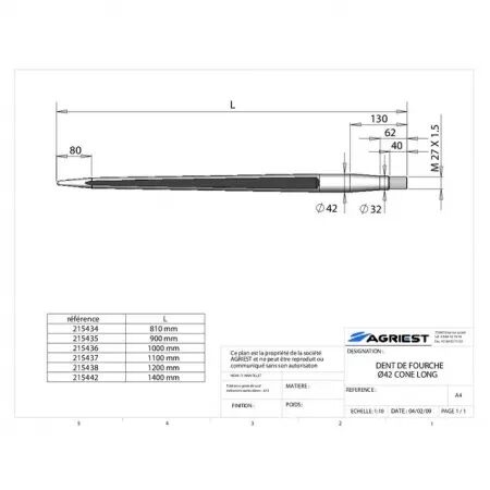 Dent de fourche ø42 longueur 1100m28x1.5 cone long