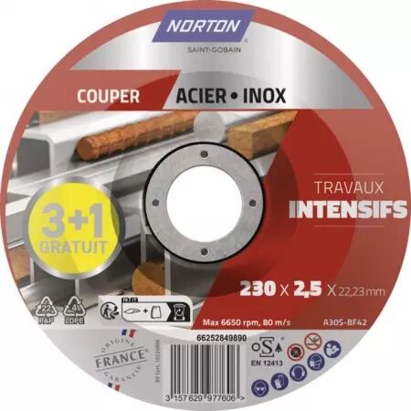 Disque a tronconner metal moyeu deporte 230x2.5x22 lot 3+1 intensif norton