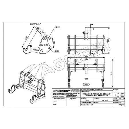 Interface chargeur jcb compact - 3 points cat 2 main cat2/3