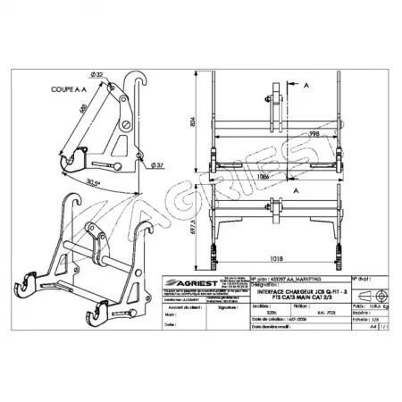 Interface chargeur jcb q-fit - 3 pts cat3 main cat 2/3