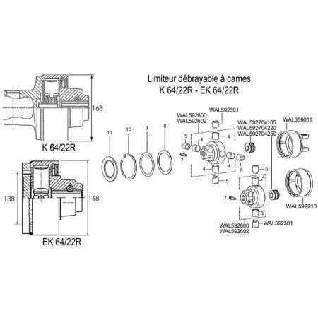 Limiteur debrayable a cames k64/22r 36x89 2200 nm 13/4 6c walterscheid