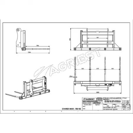 Pic bottes ap 1801 4 dents ø45 longueur 1055 percees type bobcat