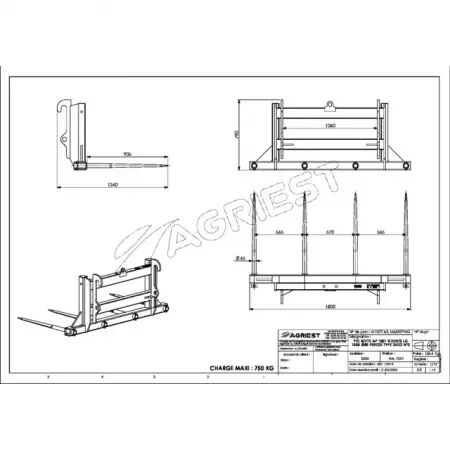 Pic bottes ap 1801 4 dents ø45 longueur 1055 percees type dieci n°2