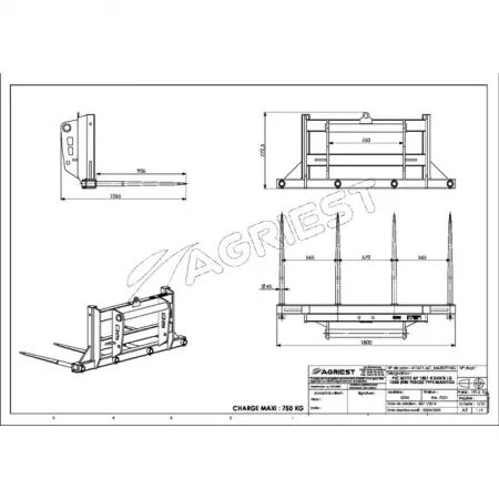 Pic bottes ap 1801 4 dents ø45 longueur 1055 percees type manitou