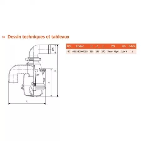 Soupape a siphon alu coudee giada-riv340 ø60