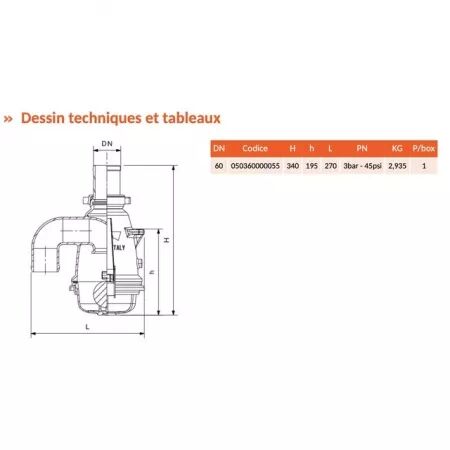 Soupape a siphon alu droite giada-riv360 ø60